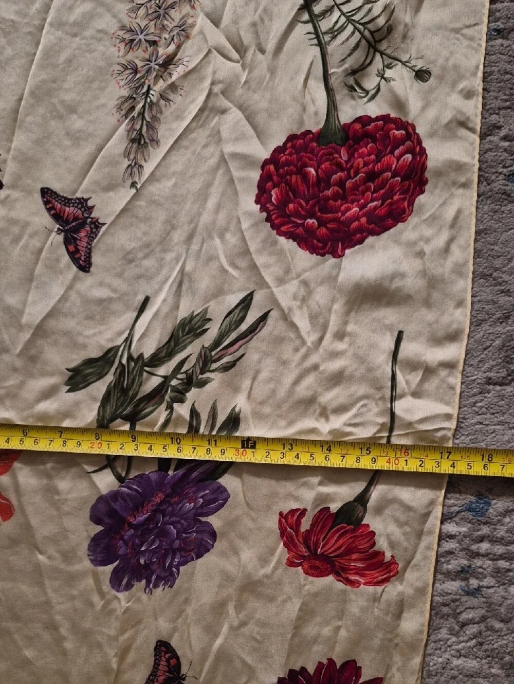 Floral Silk-Feel Scarf in Cream with Purple & Red Blooms